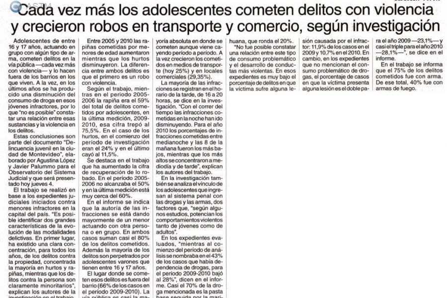 Cada vez más los adolescentes cometen delitos con violencia y crecieron los robos en transporte y comercio. 4 de abril de 2013 | Busqueda